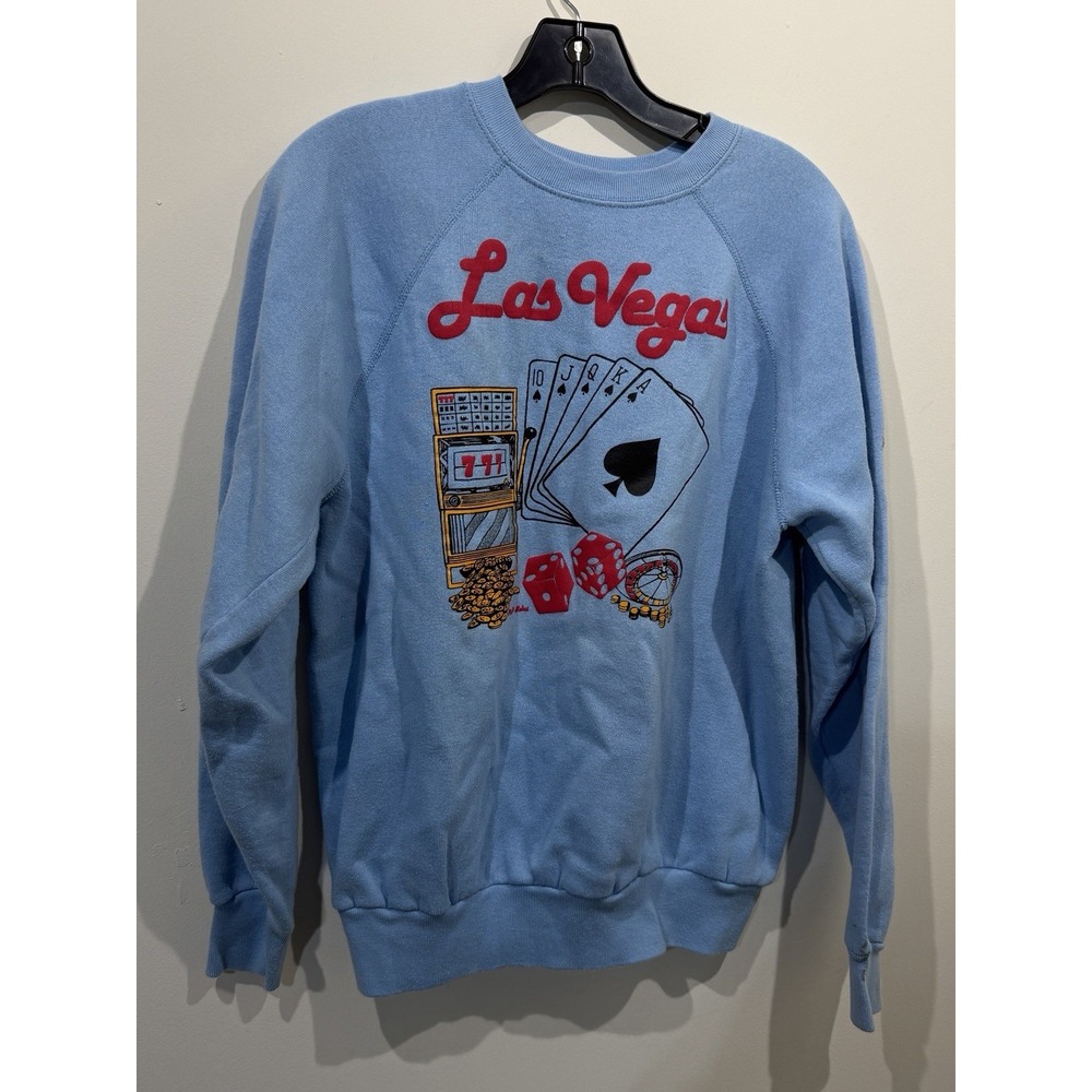Vintage Las Vegas Blue Crewneck Sweatshirt L Puffy Graphic Spumoni Cards Slots